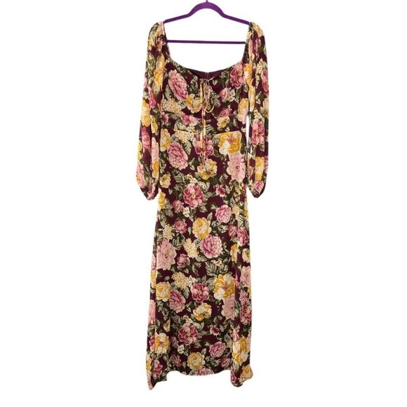 En Crème Floral Maxi Dress Boho Cutout Halter Long Sleeve Burgundy Yellow NWT M - Picture 7 of 12